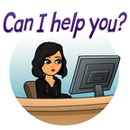 Mrs. Tijerina's bitmoji sitting at a computer. Text: Can I Help You?